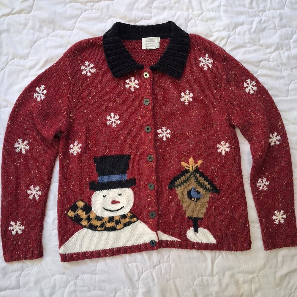 Vintage Christopher & Banks Snowman Birdhouse Christmas Cardigan Red Est M